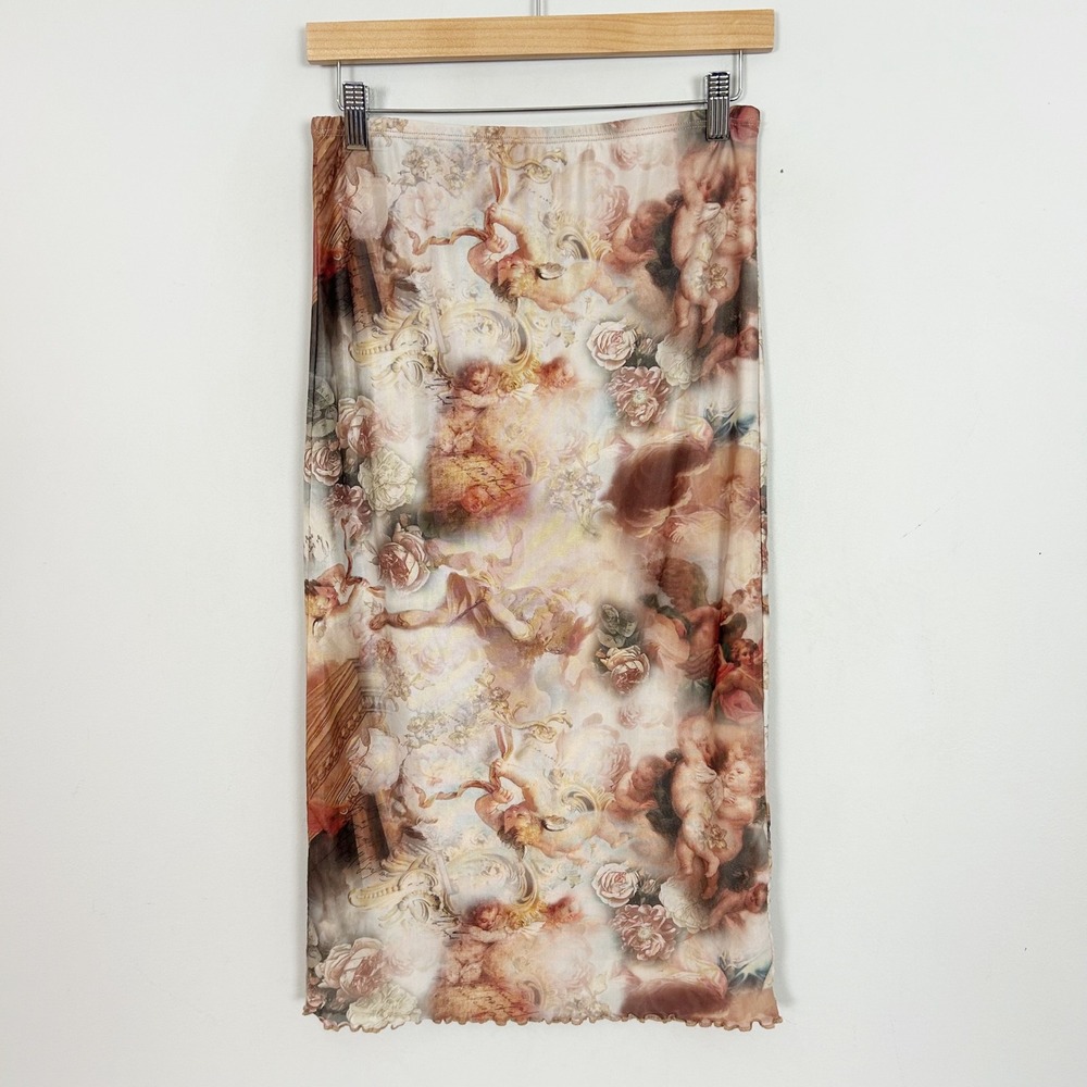 No Boundaries Womens Cherub Renaissance Mesh Midi Skirt Pink Floral M 7-9